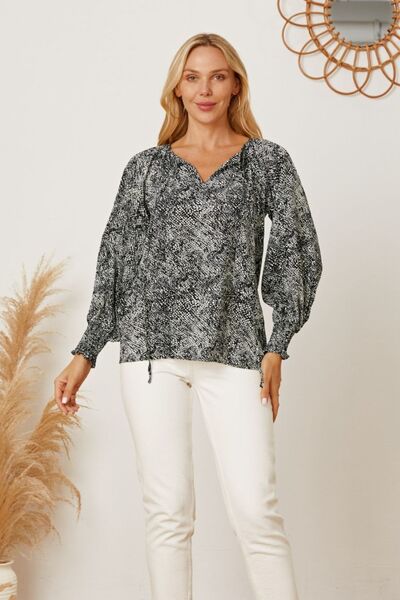 Blue Zone Planet | Printed Tie Neck Lantern Sleeve Blouse BLUE ZONE PLANET