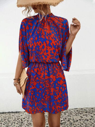 Blue Zone Planet | Tied Printed Mock Neck Mini Dress BLUE ZONE PLANET
