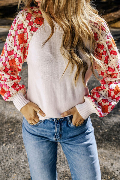 Blue Zone Planet | Flower Element Openwork Round Neck Sweater BLUE ZONE PLANET