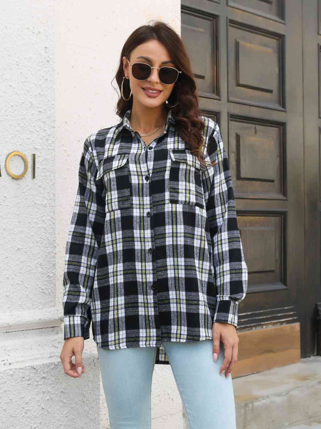 Plaid Collared Neck Buttoned Shirt with Pockets BLUE ZONE PLANET