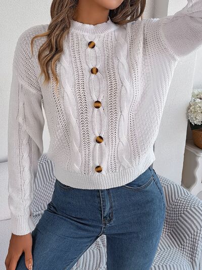 Blue Zone Planet | Cable-Knit Buttoned Round Neck Sweater BLUE ZONE PLANET