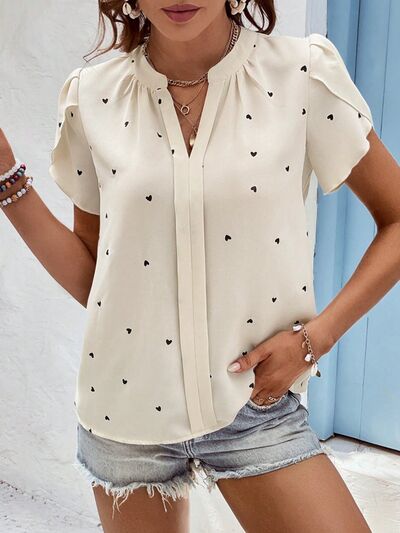 Blue Zone Planet | Heart Print Notched Petal Sleeve Blouse BLUE ZONE PLANET