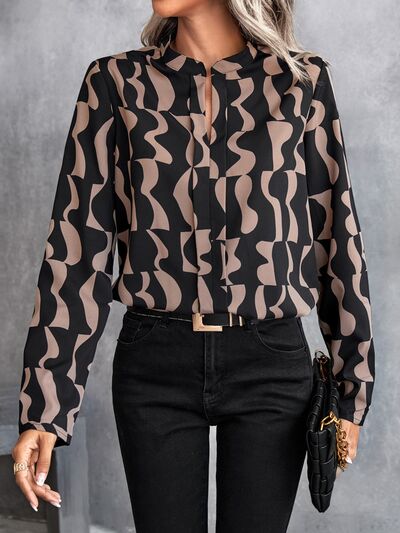 Blue Zone Planet | Printed Notched Long Sleeve Blouse BLUE ZONE PLANET