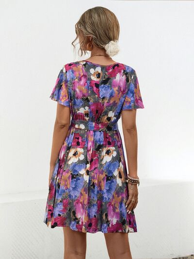Blue Zone Planet |  Printed Surplice Tie Waist Mini Dress BLUE ZONE PLANET