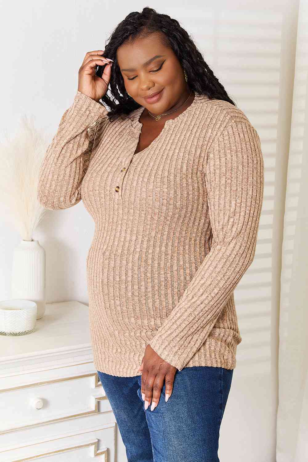 Double Take Notched Neck Ribbed Long Sleeve T-Shirt BLUE ZONE PLANET