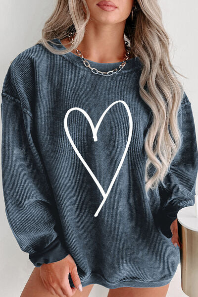 Blue Zone Planet | Plus Size Heart Ribbed Round Neck Sweatshirt BLUE ZONE PLANET