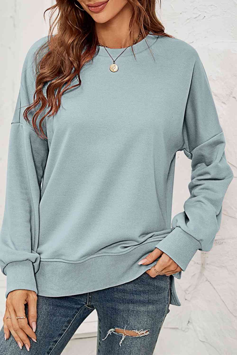 Round Neck Dropped Shoulder Slit Sweatshirt BLUE ZONE PLANET