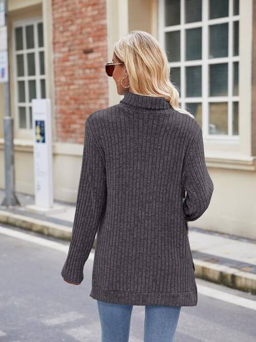 Ribbed Turtleneck Long Sleeve Slit Knit Top BLUE ZONE PLANET