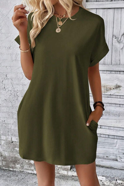 Blue Zone Planet | Pocketed Round Neck Short Sleeve Dress BLUE ZONE PLANET