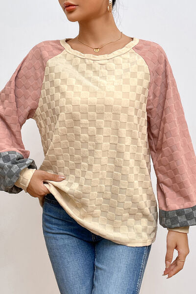 Blue Zone Planet | Checkered Contrast Round Neck Long Sleeve T-Shirt BLUE ZONE PLANET