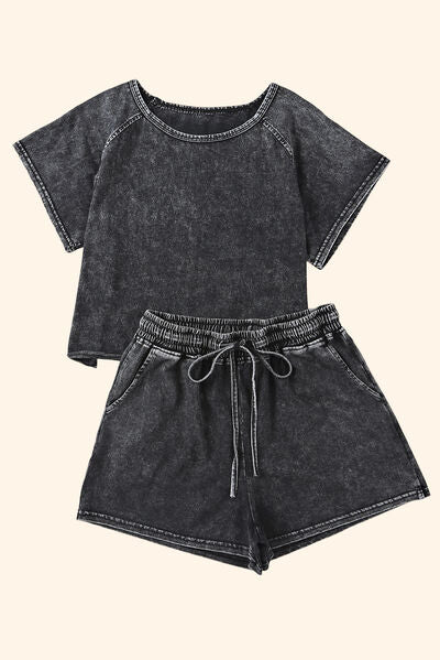 Blue Zone Planet | Heathered Round Neck Top and Shorts Lounge Set BLUE ZONE PLANET