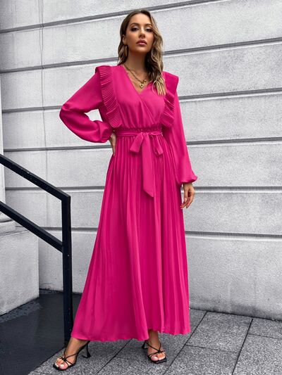 Blue Zone Planet | Pleated Surplice Tie Waist Maxi Dress BLUE ZONE PLANET