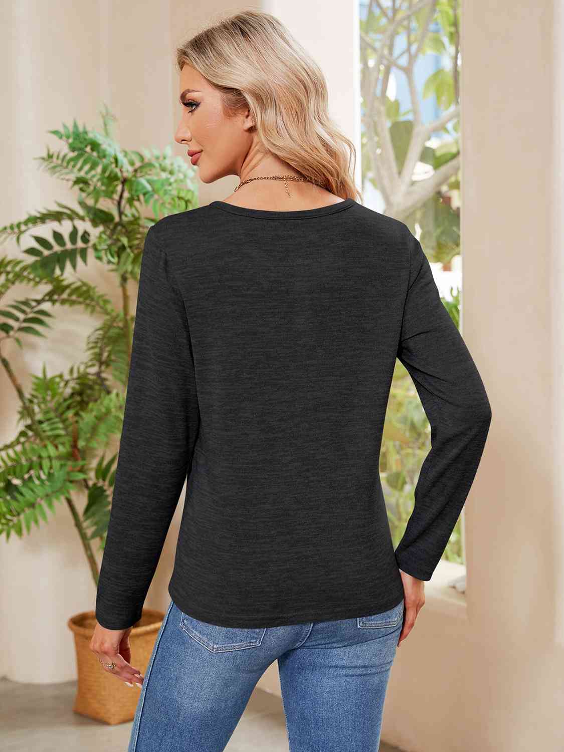 Buttoned Round Neck Long Sleeve T-Shirt BLUE ZONE PLANET