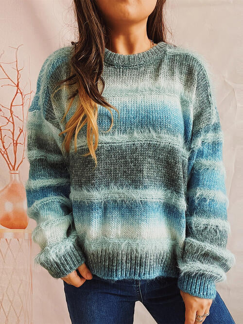 Blue Zone Planet | Striped Round Neck Long Sleeve Sweater BLUE ZONE PLANET
