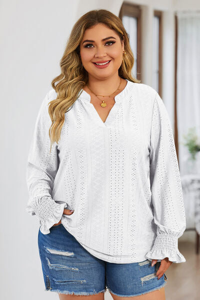Blue Zone Planet | Plus Size Eyelet Notched Flounce Sleeve Blouse BLUE ZONE PLANET
