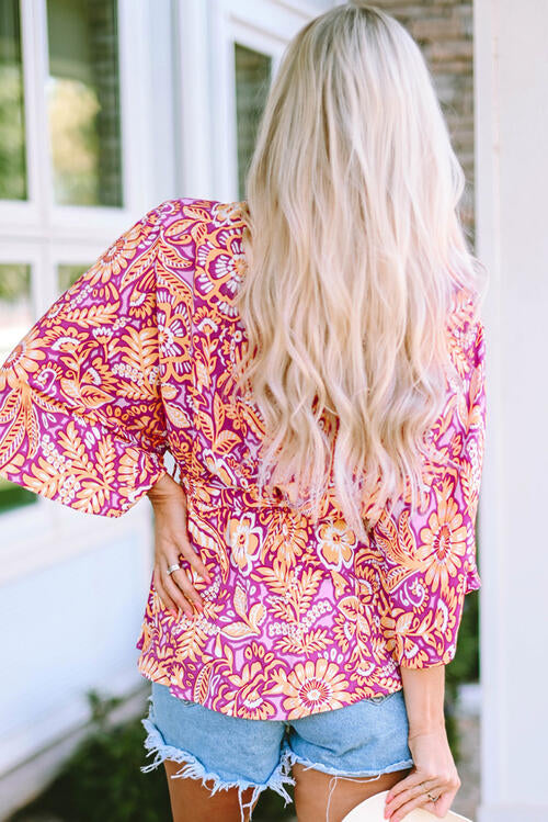 Floral V-Neck Tie Front Ruffled Blouse BLUE ZONE PLANET