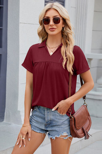 Blue Zone Planet | Ruched Johnny Collar Short Sleeve Blouse BLUE ZONE PLANET