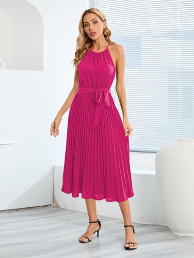 Blue Zone Planet | Pleated Spaghetti Strap Tie Waist Midi Dress BLUE ZONE PLANET