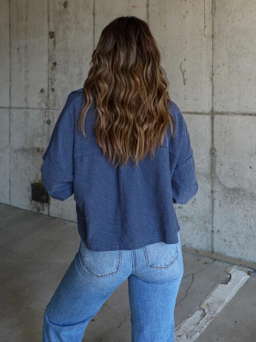 Ribbed Collared Neck Button Up Jacket BLUE ZONE PLANET