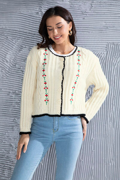 Blue Zone Planet | Graphic Cable-Knit Button Up Cardigan BLUE ZONE PLANET