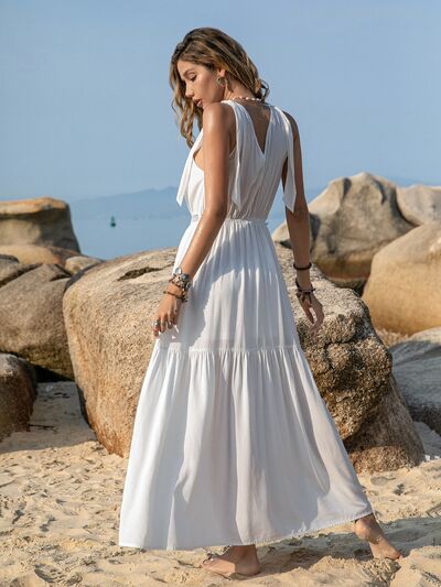 V-Neck Tie Shoulder Crochet Maxi Dress BLUE ZONE PLANET