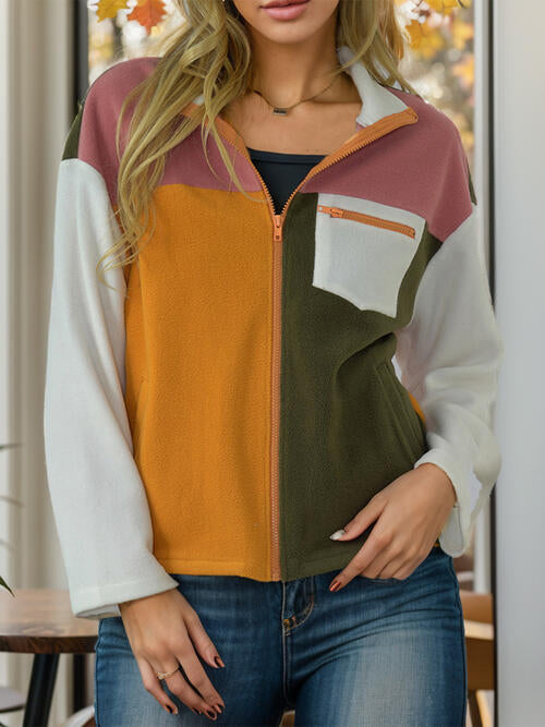 Color Block Zip-Up Long Sleeve Jacket BLUE ZONE PLANET