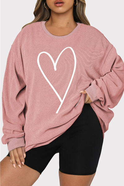 Blue Zone Planet | Plus Size Heart Ribbed Round Neck Sweatshirt BLUE ZONE PLANET