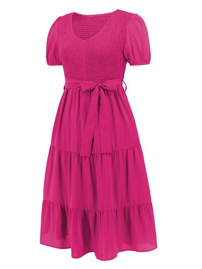 Blue Zone Planet | Smocked Tie Front Short Sleeve Tiered Dress BLUE ZONE PLANET