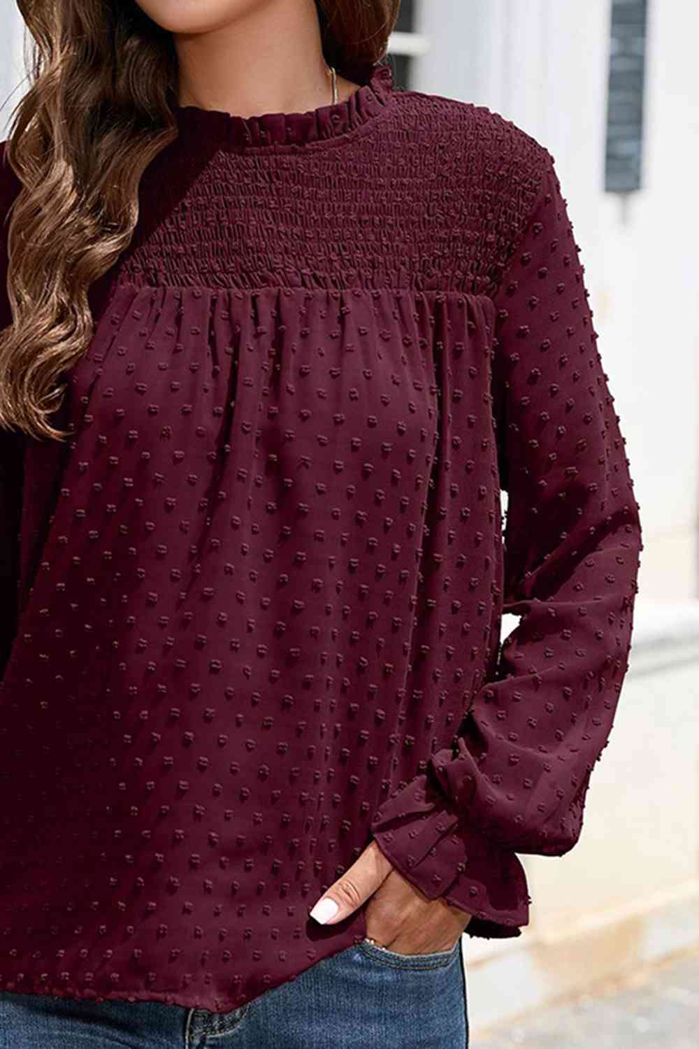 Smocked Mock Neck Swiss Dot Top BLUE ZONE PLANET