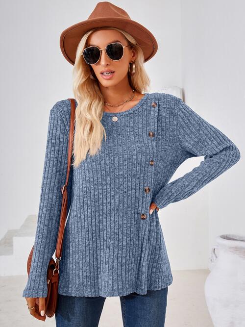 Ribbed Buttoned Round Neck Slit T-Shirt BLUE ZONE PLANET