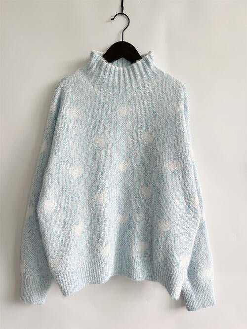 Blue Zone Planet | Heart Heathered Turtleneck Drop Shoulder Sweater BLUE ZONE PLANET