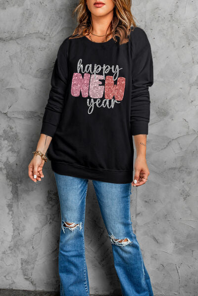 HAPPY NEW YEAR Round Neck Sweatshirt-TOPS / DRESSES-[Adult]-[Female]-2022 Online Blue Zone Planet