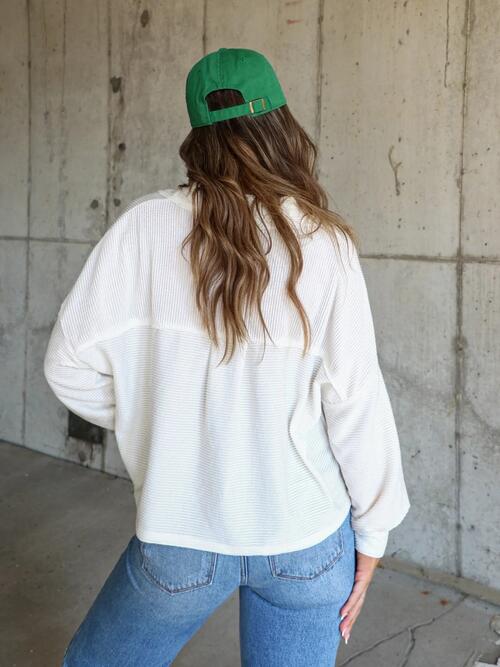 Ribbed Collared Neck Button Up Jacket BLUE ZONE PLANET