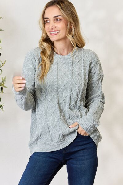 Blue Zone Planet | BiBi Cable Knit Round Neck Sweater BLUE ZONE PLANET