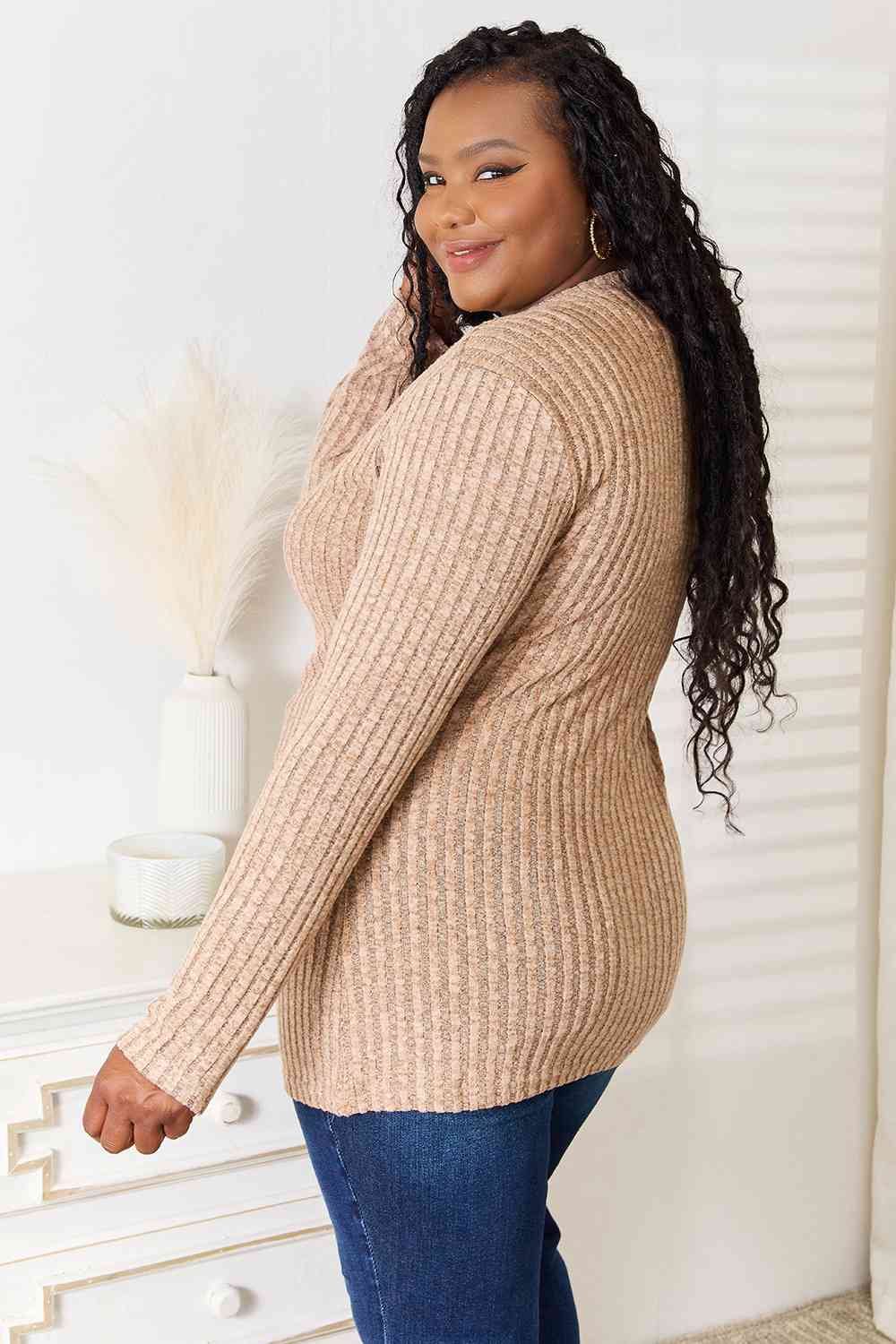 Double Take Notched Neck Ribbed Long Sleeve T-Shirt BLUE ZONE PLANET