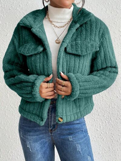 Blue Zone Planet | Fuzzy Button Up Collared Neck Jacket BLUE ZONE PLANET