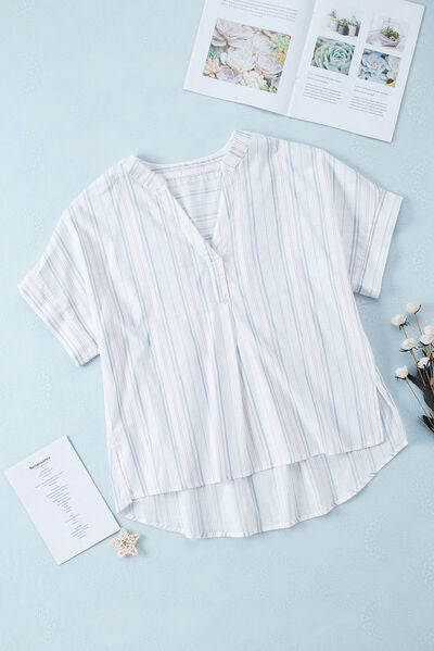 Blue Zone Planet | Striped Notched Short Sleeve T-Shirt BLUE ZONE PLANET