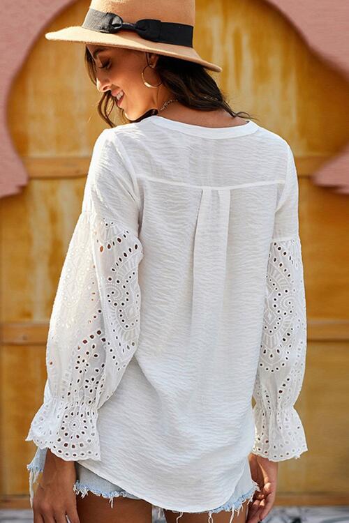 Crochet Flounce Sleeve Button Up Blouse BLUE ZONE PLANET