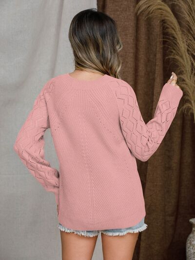 Openwork Round Neck Raglan Sleeve Sweater BLUE ZONE PLANET
