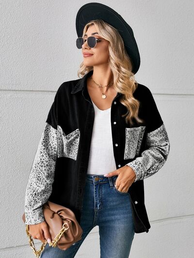 Leopard Button Up Denim Jacket BLUE ZONE PLANET