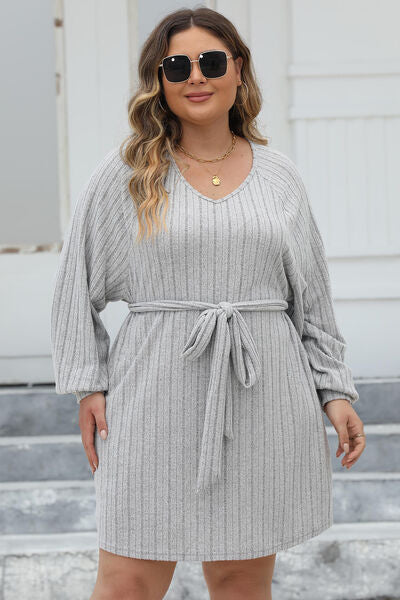 Plus Size Ribbed Tie Front Long Sleeve Sweater Dress BLUE ZONE PLANET