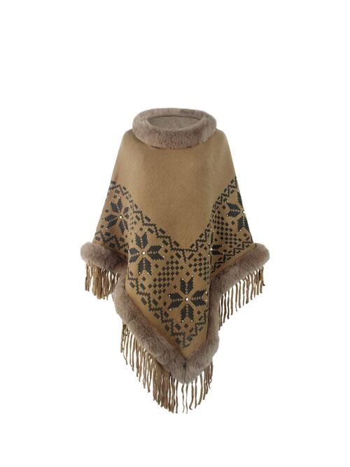Fringe Geometric Cape Sleeve Poncho BLUE ZONE PLANET