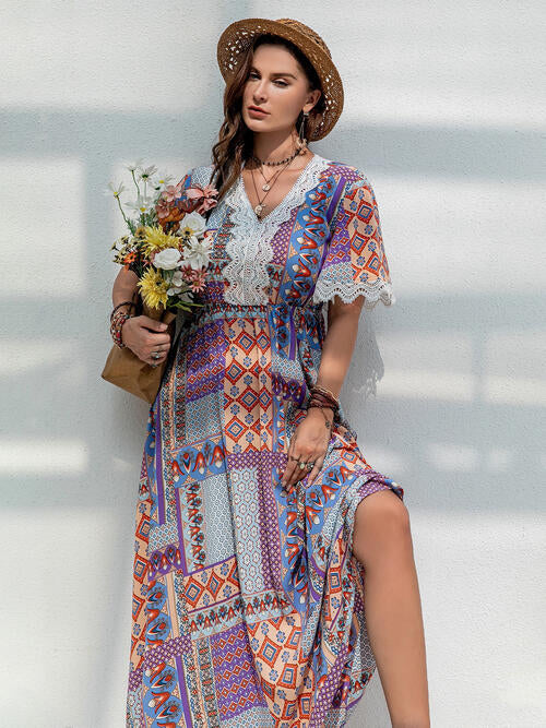 Double Take Plus Size Printed Lace Detail Short Sleeve Dress BLUE ZONE PLANET