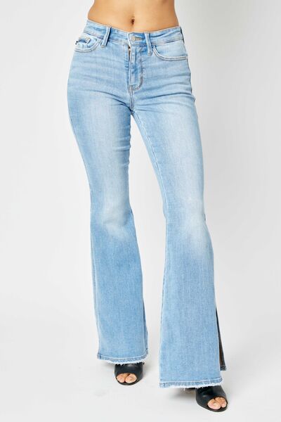 Blue Zone Planet |  Judy Blue Full Size Mid Rise Raw Hem Slit Flare Jeans BLUE ZONE PLANET