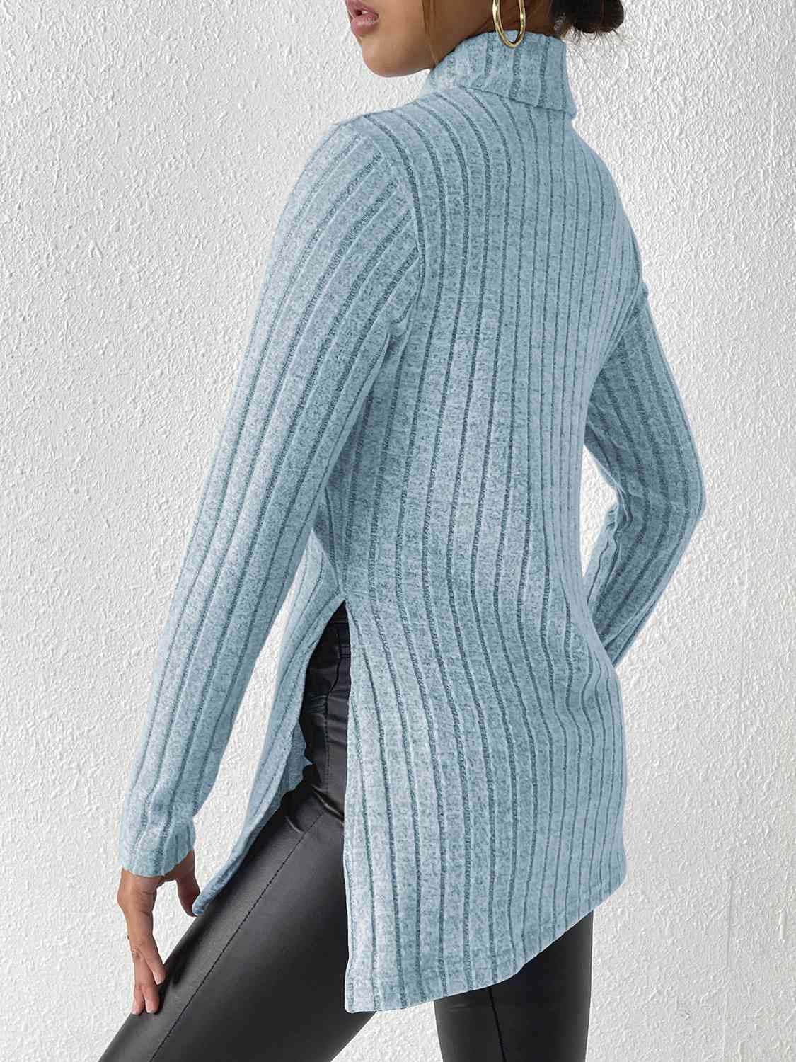 Ribbed Turtleneck Long Sleeve Slit T-Shirt BLUE ZONE PLANET