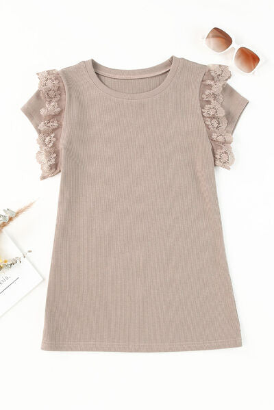 Blue Zone Planet | Lace Detail Round Neck Cap Sleeve T-Shirt BLUE ZONE PLANET