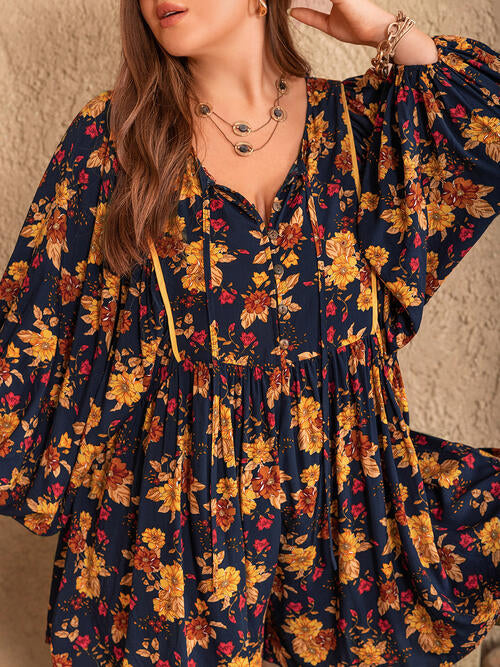 Plus Size Floral Tie Neck Balloon Sleeve Romper BLUE ZONE PLANET