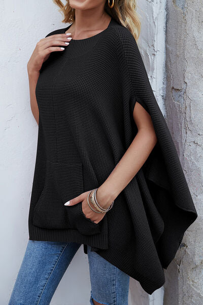 Blue Zone Planet | Waffle-Knit Pocketed Cape Sleeve Sweater BLUE ZONE PLANET
