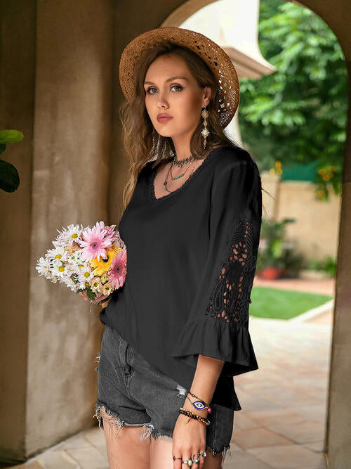 Double Take Plus Size Flower Crochet Flare Sleeve Top BLUE ZONE PLANET