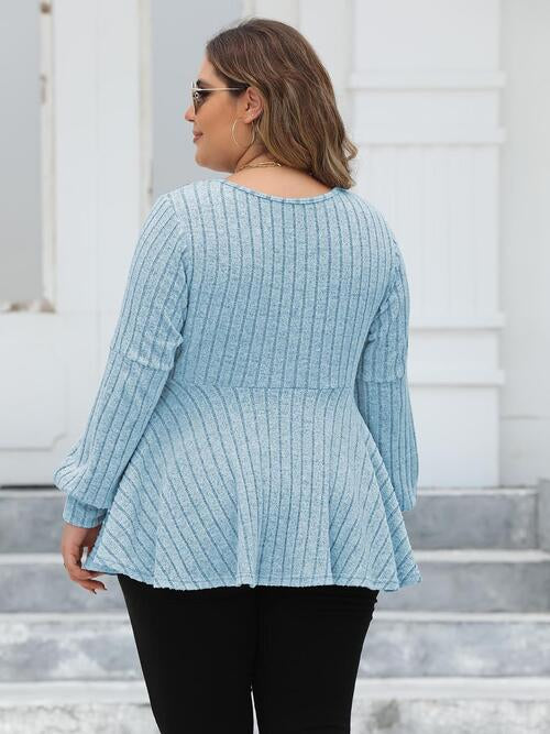 Plus Size Ribbed V-Neck Long Sleeve Blouse BLUE ZONE PLANET